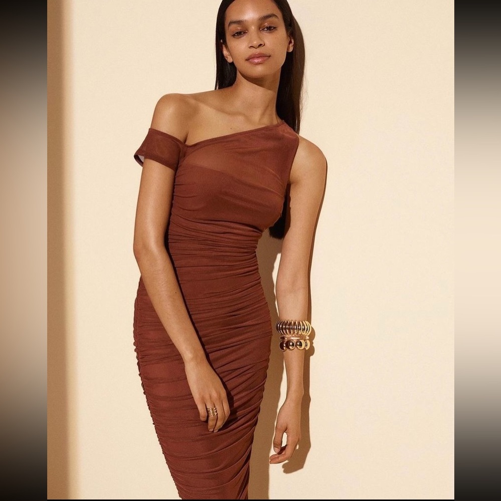 Anthropologie: AFRM Off-the-Shoulder Ruched Maxi Dress in Brown XL